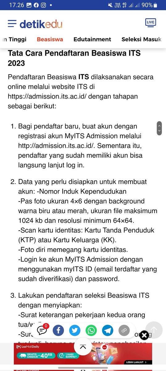 (Institut Teknologi Sepuluh Nopember) ITS buka penfdaftaran beasiswa bebas uang pangkal/sumbangan, gelombang I mulai 20 februari - 10 maret.