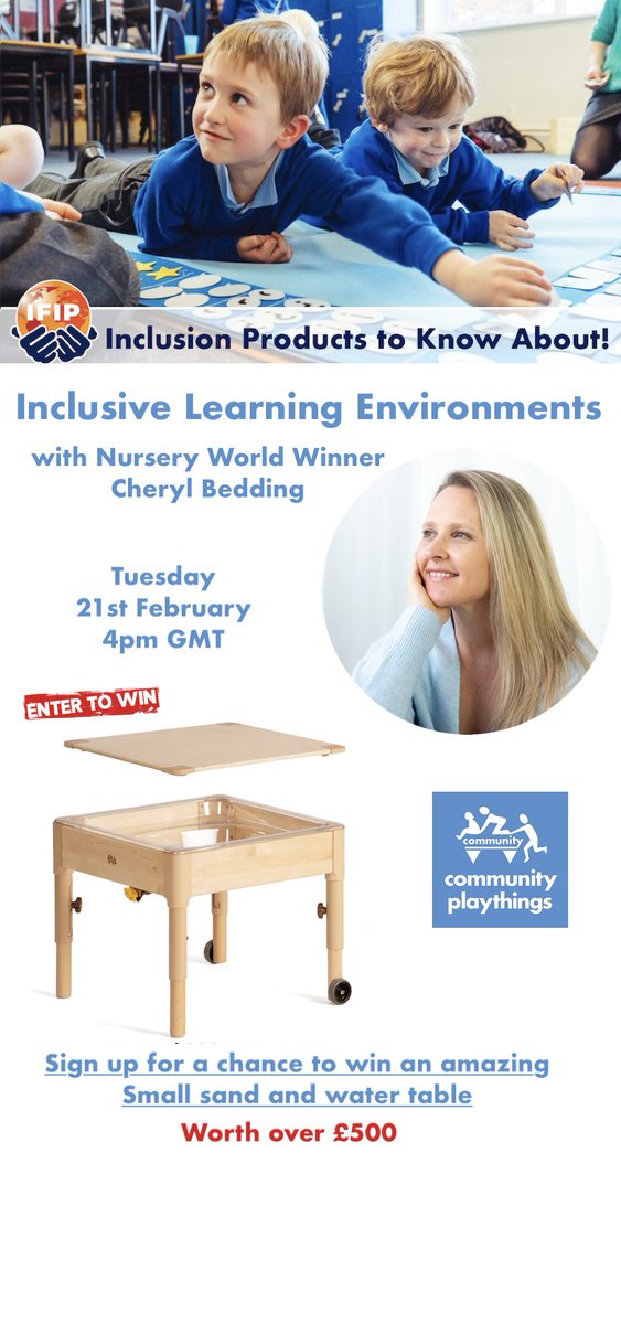 DON'T MISS TODAY! Register here: buff.ly/3SivcKs"Inclusive Learning Environments " with Cheryl Beddingwin a FREE Sand and Water unit worth over £500! 4pm GMT on Tuesday 21st February