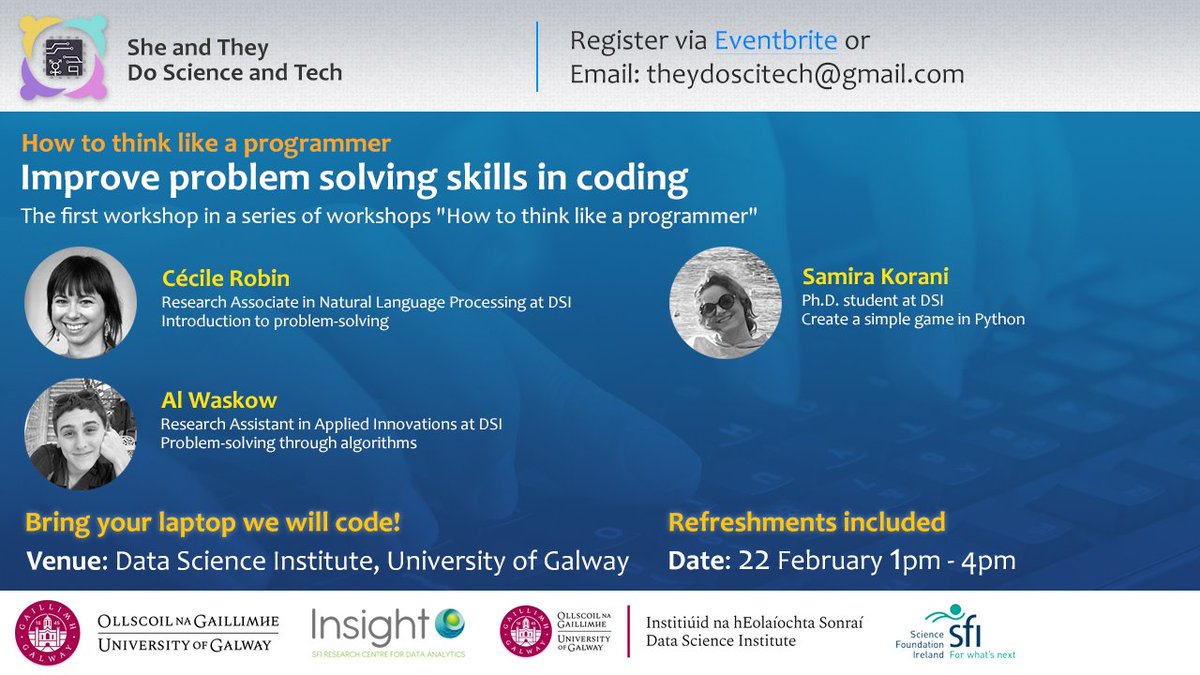 Very excited for our next workshop tomorrow 🤩

We will have a hands-on tutorial on improving problem-solving skills in coding, targeted at CS students of <a href="/uniofgalway/">Ollscoil na Gaillimhe | University of Galway</a> 

So much demand that we added 10 more spaces 😎 

<a href="/galwayDSI/">Data Science Institute @ University of Galway</a> <a href="/insight_centre/">Insight Research Ireland Centre</a> <a href="/GirlsWhoCode/">Girls Who Code</a> <a href="/galwaycs/">School of Computer Science, University of Galway</a>