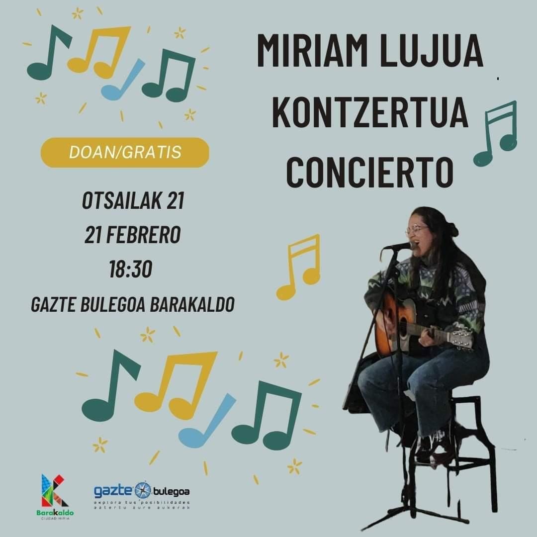AIZUE!! Musikazaleok zorteko zaudete!! 🍀☺️
<a href="/Miriamlujua/">Miriam</a>  kontzertuan izango dugu GAUR ARRATSALDEAN!! 😍🎤🎶 Ezin duzue galdu!!
📆Otsailak 21
⏰18:30h
📌Gazte Bulegoa Barakaldo
🎟 DOAKO SARRERA
#BarakaldoEuskaraz #EuskarazBizi #MusikaEuskaraz #GozatuEuskaraz