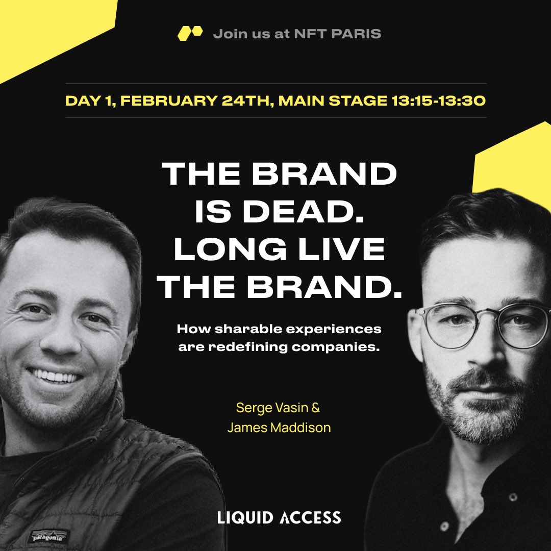 liquidaccess_'s tweet photo. Thrilled to join @nft_paris this year, so many talented people will shed light on what is happening in the industry. We will discuss what we love the most: supercharging brand #loyalty through new sharable experiences. Join the conversation with @SergeyVasin_& @Bunchuk. https://t.co/u1Uxz5wiB8