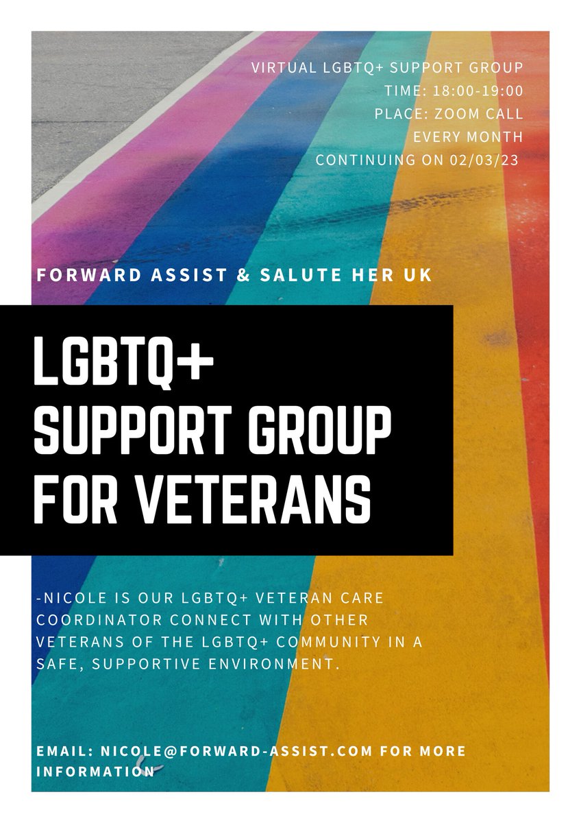 Our LGBTQ+ Support Group For Veterans is continuing on the 2nd of March. Contact our Veteran's Coordinator for more information- nicole@forward-assist.com 

#LGBTVeterans