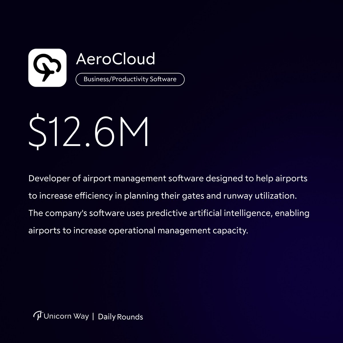 UnicornWayVC's tweet photo. 1.💰AeroCloud, a cloud-native airport management platform, raises $12.6M
#VentureCapital #DailyRounds https://t.co/JlBDwu9hbq