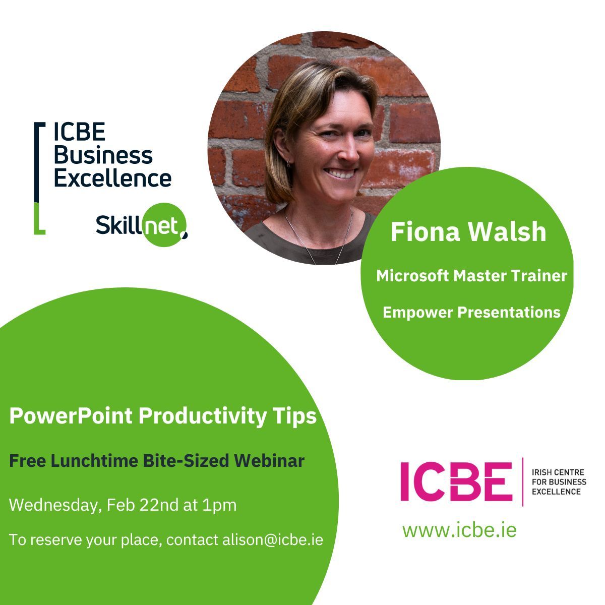 1 day to go -  ICBE Lunchtime Bite-Sized webinar tomorrow – PowerPoint Productivity Tips - with Microsoft Master Trainer @Fiona Walsh 

For more information and to register for free, visit lnkd.in/eksKRUvd  #presentwithimpact

Free session