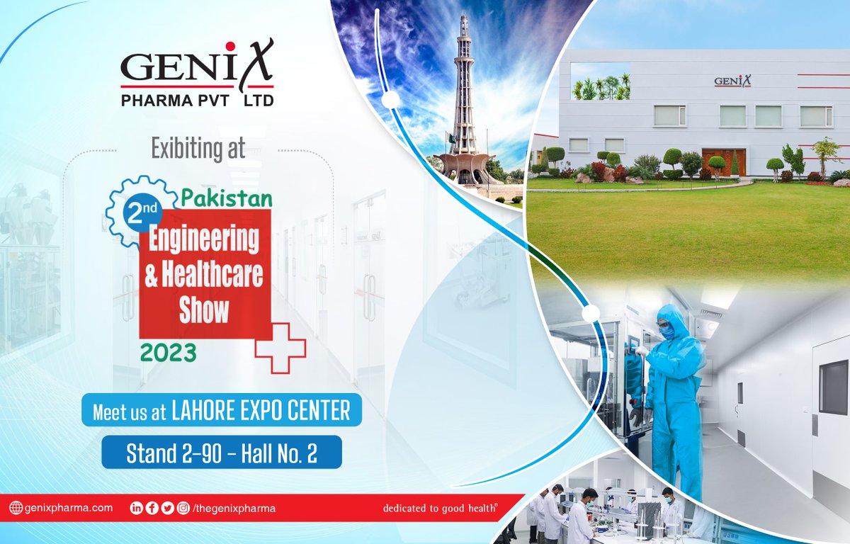 TheGenixPharma's tweet photo. Genix Pharma is Exhibiting in 2nd Engineering & Healthcare Show 2023 at Expo Centre Lahore from 23rd to 25th February, 2023
We are pleased to welcome our distinguished guests to visit us at Stand#2-90, Hall#02
#EHCS #Healthcare #Exhibition #Pakistan #Lahore #Genix #GenixPharma https://t.co/ZtKq1fdpcI