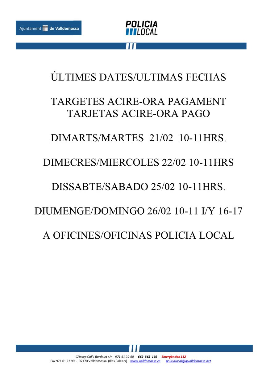 📢Us informem de les darreres dates a disposició per conseguir targetes ACIRE-ORA: 
Dimarts (avui), dimecres 22 i dissabte :10-11h
Diumenge 10-11h i 16-17h 
📍A les oficines de la policia local.