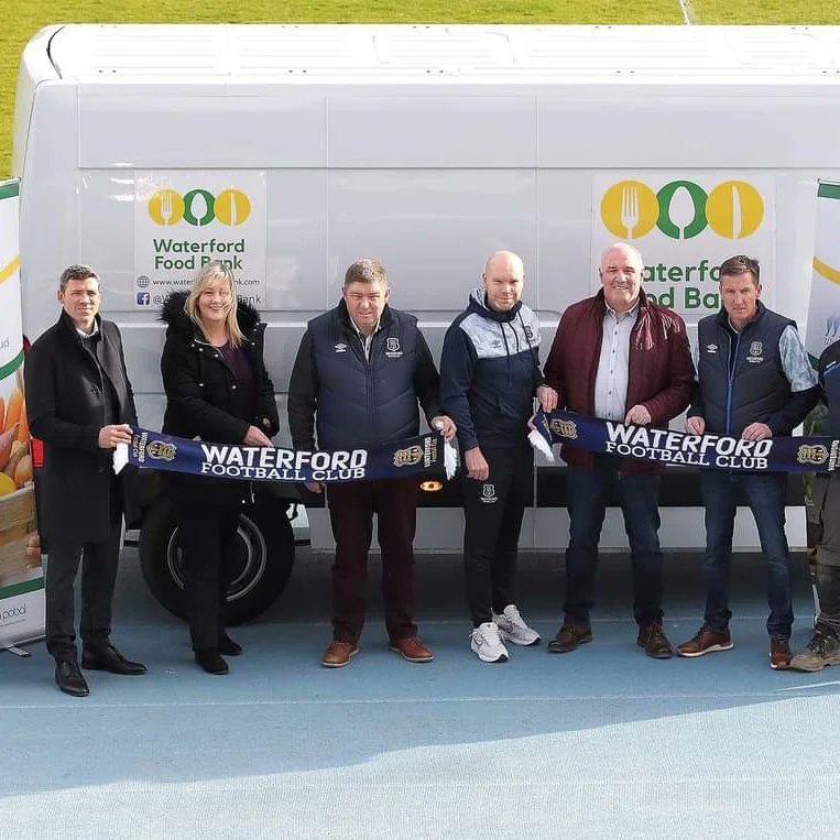 Pictured at the launch of the Waterford FC new partnership with Waterford Food Bank for the 2023 season were John Barrett,WFB,Karen Glancy, WFB, Danny Searle, Waterford FC manager, Jonathan Walters, Technical Director,Tony Burke, Operations Manager, Colin Power and Greg Lonergan