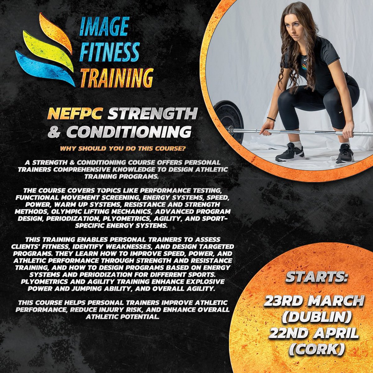 ImageFT's tweet photo. Our Strength and Conditioning course runs on the following dates in Swords, Dublin:
23rd 24th 30th 31st of March. Thursday & Friday. 10am-4:30pm both days.
#GetQualified #SpringIntoAction #CareerInFitness #strengthandconditioning https://t.co/WPM8KYMj6o