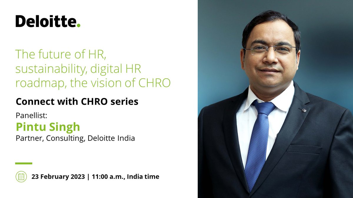 Join the fireside chat with Pintu Singh, Partner, Consulting, Deloitte India, at the “Connect with CHRO series,” where he will share his views on the "Future of #HR, sustainability, #digital HR roadmap, the vision of #CHRO.“ 

Register now: deloi.tt/3YKgG0G

#mentalhealth