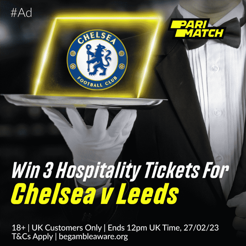ParimatchUK's tweet photo. 🚨 3 Chelsea tickets up for grabs 🚨

We're giving YOU the chance to WIN 3 hospitality tickets to Chelsea v Leeds, 4th March!

To enter:
📲 Follow @ParimatchUK
🔁 Retweet this post
💬 Reply with #ParimatchCFC

T&amp;Cs Apply.

#CFC