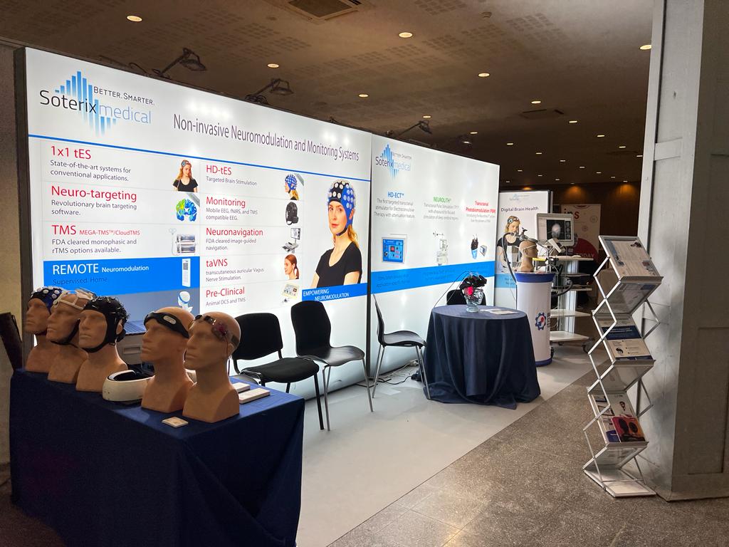 SoterixMedical's tweet photo. Soterix Medical booth at the Brain Stim Conference in Lisbon. If you missed our workshop this morning, visit us to learn about the latest offerings in-person https://t.co/gzOGzLwIaT #neuromodulation #BrainStimConf #tDCS #HDtDCS #EEG #fNIRS #TMS #TPS #tPBM https://t.co/K4VWrITZKV