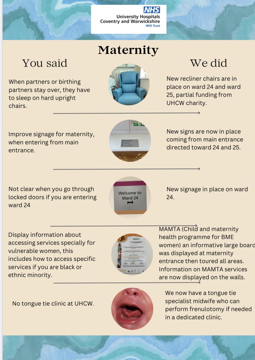 <a href="/Sw14Wilson/">SuzanneWilson</a> <a href="/sharongouldinga/">Sharon Gouldingay 💙</a> <a href="/emmajh25/">Emma Johnson-Howe</a> <a href="/howlett_leanne/">Leanne Howlett</a> <a href="/ConsMw_Louise/">Louise Clarke</a> <a href="/deanloop/">Louise Dean</a> <a href="/carriedanielsRM/">carrie daniels</a> Feedback from patients put into action for improvements here at UHCW in maternity.