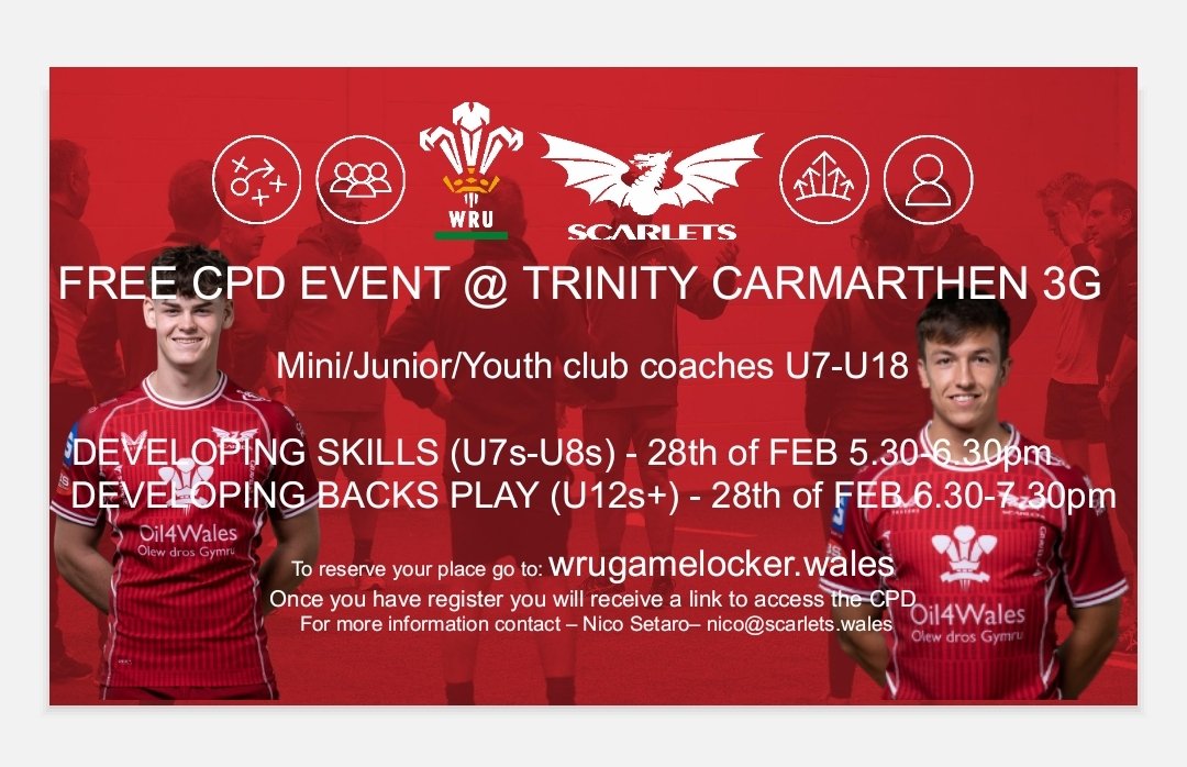 nico setaro (@n_setaro) on Twitter photo FREE CPD event at <a href="/UWTSD/">University of Wales Trinity Saint David</a> 3G. 2 events taking place on the night.
Eddie James and Tal Rees of the scarlets will be taking the 12+ CPD. Events are both up on game locker to sign up now. All coaches welcome!!
wrugamelocker.wales/en/courses/
<a href="/WRU_Scarlets/">WRU/SCARLETS - UN CYMUNED</a> <a href="/scarlets_rugby/">Scarlets Rugby</a> <a href="/dannikaevans/">Dannika Evans</a> FREE CPD event at <a href="/UWTSD/">University of Wales Trinity Saint David</a> 3G. 2 events taking place on the night.
Eddie James and Tal Rees of the scarlets will be taking the 12+ CPD. Events are both up on game locker to sign up now. All coaches welcome!!
wrugamelocker.wales/en/courses/
<a href="/WRU_Scarlets/">WRU/SCARLETS - UN CYMUNED</a> <a href="/scarlets_rugby/">Scarlets Rugby</a> <a href="/dannikaevans/">Dannika Evans</a>