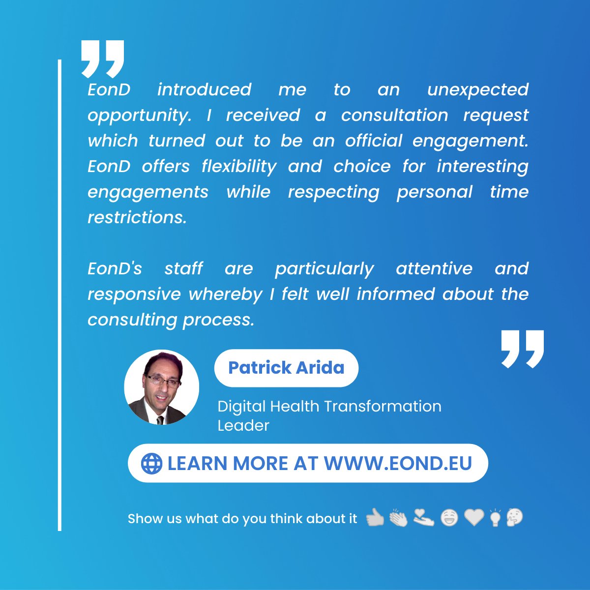 Check out what Patrick Arida has to say about #EonD!
Join Our Network: eond.eu/joinEonD

#eond #eondnetwork #project #network #consultants #consulting #futureofwork #futureofworkplatform #freelanceprojects #freelanceplatform #projects #experts #joinournetwork #joinus