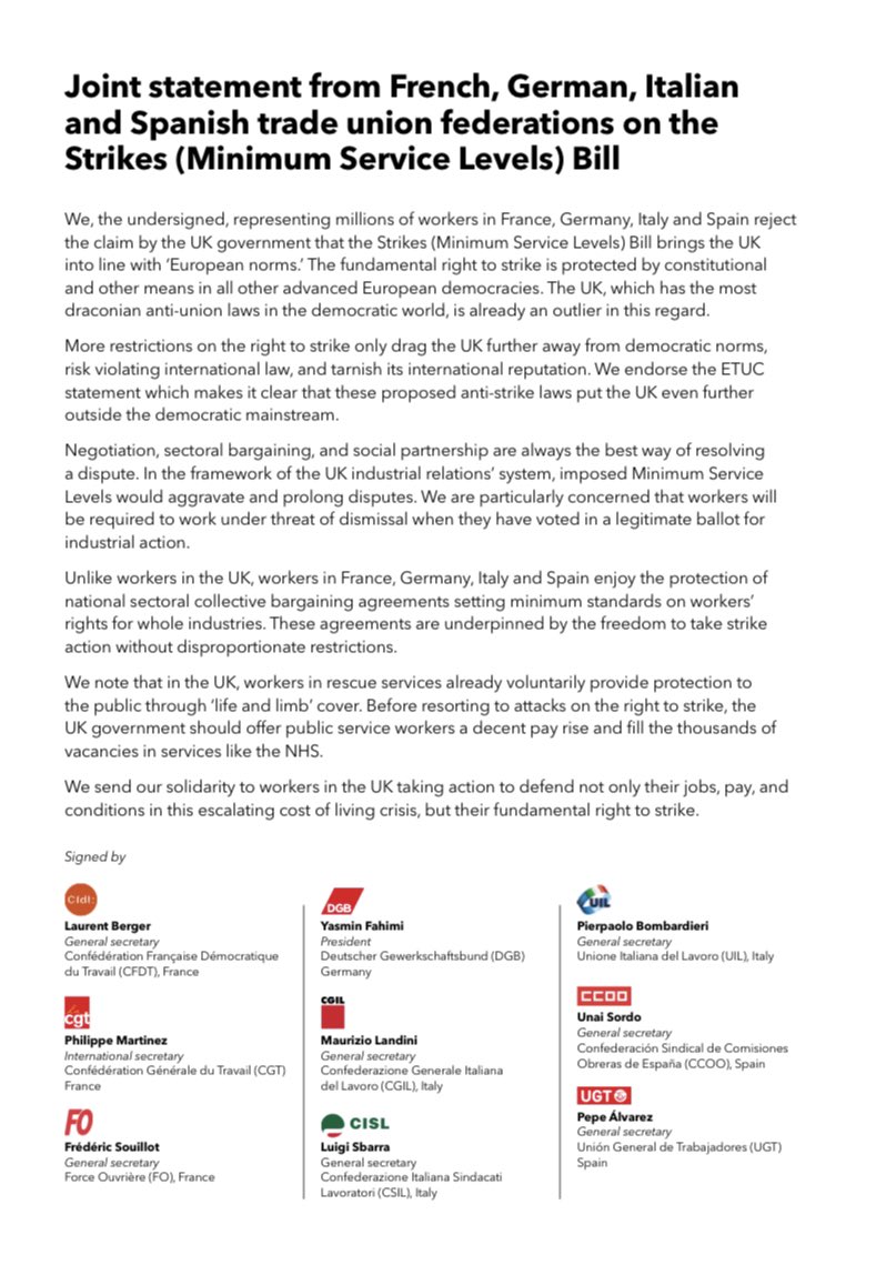 GMB_union's tweet photo. Trade unions across Europe are clear - the Government’s Minimum Services bill is rotten. 

The Tories’ only aim is to remove the right to strike. https://t.co/hKoxHED74O