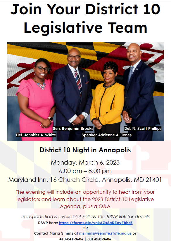 voteforjenwhite's tweet photo. District 10 Night is around the corner! Join the #District10UnityTeam for our legislative night on Monday, March 6 from 6 PM - 8 PM at the Maryland Inn. To RSVP, click link in bio. Transportation is available. See you there! #DistrictNight #MDGA2023 https://t.co/gYUxnAjwC2