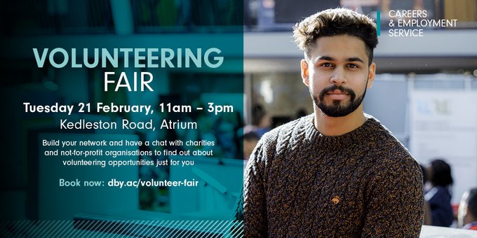 derbyunicareers's tweet photo. We're looking forward to welcoming all the charities and not-for-profit organisations at our volunteering fair today 11am - 3pm. 😍👉https://t.co/vUds9gJtWj @DerbyUni @derbyunistudent @DerbyUnion https://t.co/2MWuZJ2jcZ