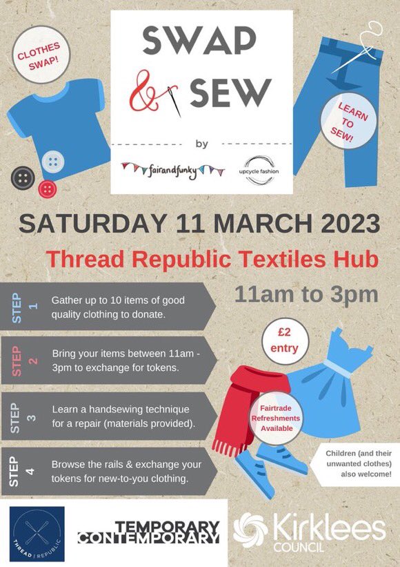 Working with @upcyclefashion we have rebranded SWAP SHOP SEW to a simpler @swapandsew & are thrilled to be bringing our popular event to @thread_republic in #Huddersfield on Saturday 11th March 11am - 3pm. 

£2 entry fee on the day - or pre book here: eventbrite.co.uk/e/swap-sew-tic…