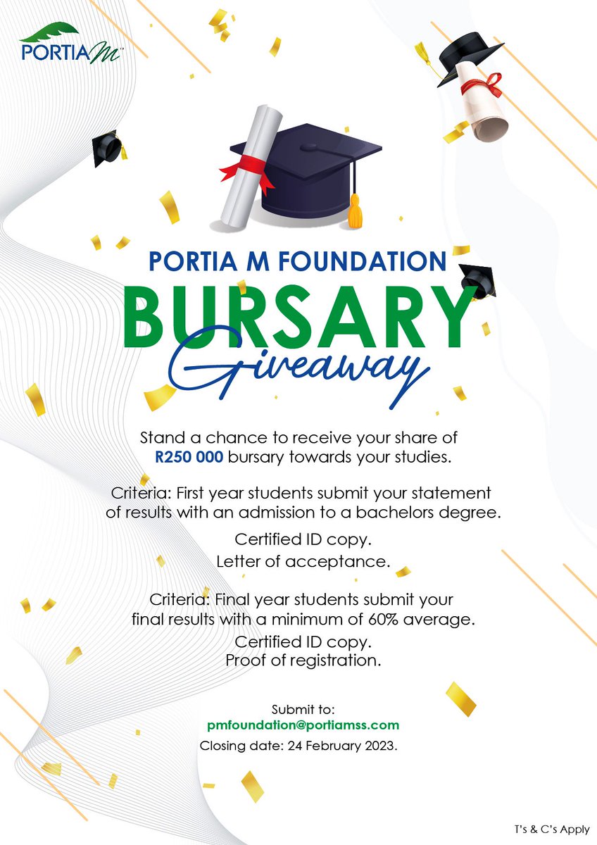 PortiaM_Skin's tweet photo. Portia M is giving you an opportunity to further your studies 

Follow the instructions on the poster and stand a chance to be funded.

T’s and C’s Apply , Closing Date 24 February 

#PortiaMFoundation https://t.co/iXryX4GrVJ