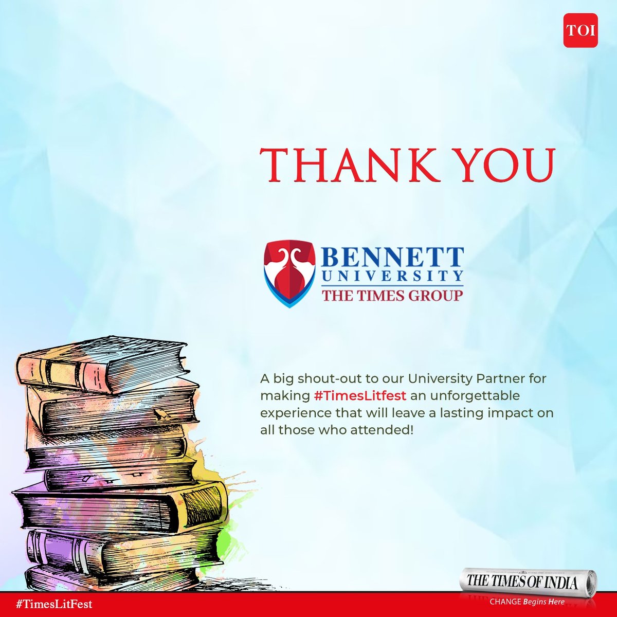 We would like to extend our heartfelt gratitude to #BennettUniversity, University Partner of #TimesLitfest for supporting us to spread the joy of reading and writing to everyone.

Visit bit.ly/TLFDelhiFB to watch the missed sessions!

#TLFDelhi2023  #OneWorldManyWords