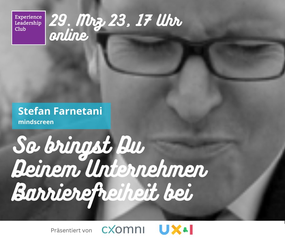 So bringst Du Deinem Unternehmen Barrierefreiheit bei 🧑‍🏫  

Das diskutieren wir am 29.03. 17 Uhr online mit Stefan Farnetani von mindscreen. Sei kostenfrei und online dabei 👉 user-experience-blog.de/veranstaltung/… #ux #barrierefreiheit #maturity #accessibility
