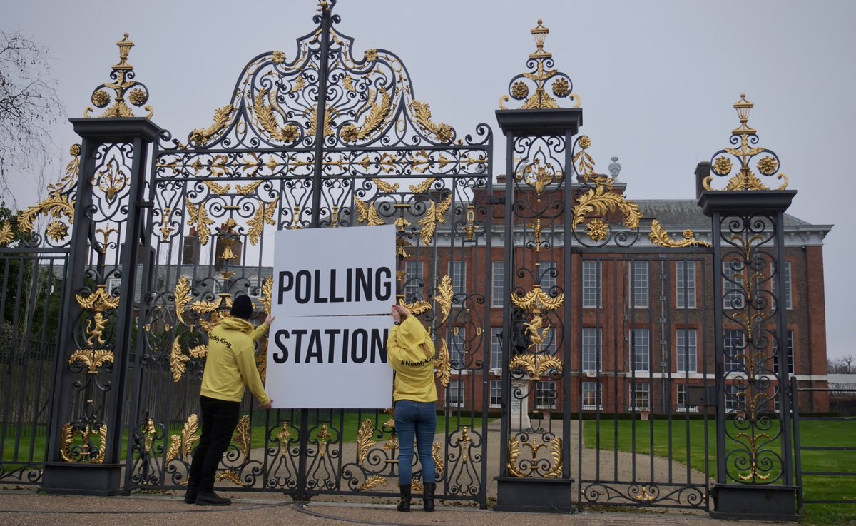 RepublicStaff's tweet photo. Republic turned Kensington Palace into a polling station this morning. #NotMyKing #AbolishTheMonarchy 

https://t.co/5JNd6veVpr https://t.co/jL8kpM0vSL