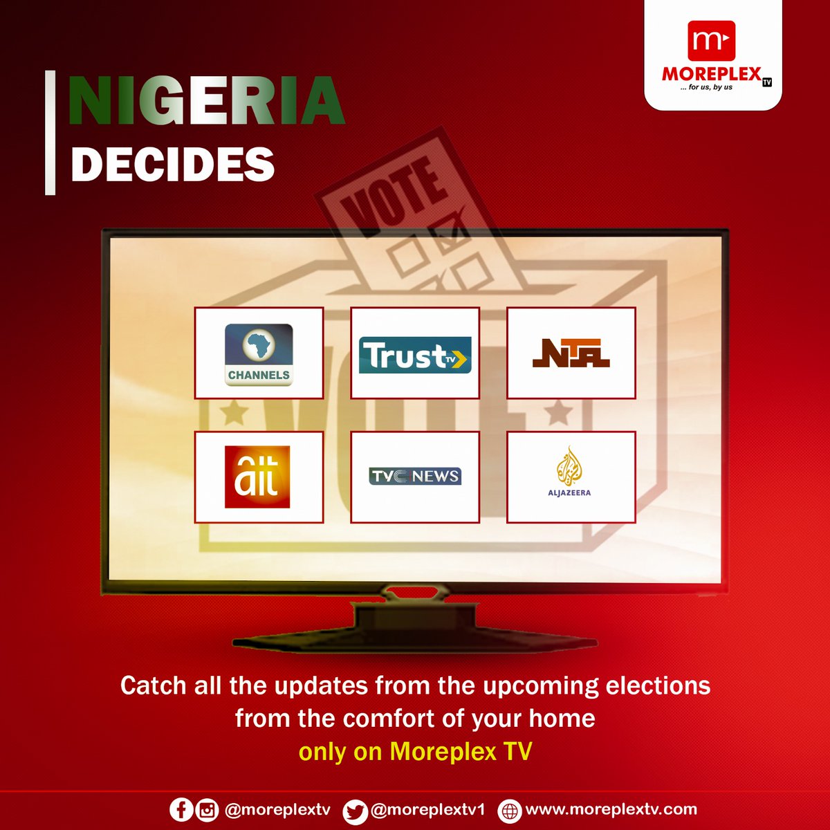 moreplextv1's tweet photo. Stay updated on all news, stories from the Nigeria upcoming elections on Moreplex TV.
Take advantage of this promo season to own a Moreplex TV HD decoder today
#no1africandecoder #UnlimitedEntertainment #Moreplextv #NigeriaDecides https://t.co/gqgK6asX12