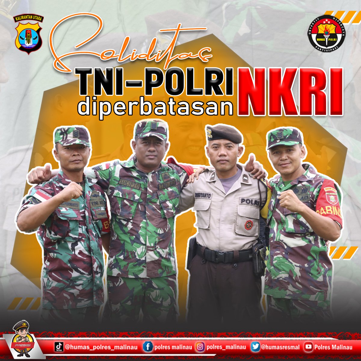 HumasResmal's tweet photo. Soliditas TNI-Polri di Perbatasan NKRI
.
Momen keakraban Personel Polres Malinau dan Anggita Kodim 0910 Malinau usai pelaksanaan Apel Sinergitas TNI dan Polri.
#polresmalinau
#tnipolri
#sinergitas
#soliditas
#perbatasan
#nkri
#malinau https://t.co/CipbKKLVnE