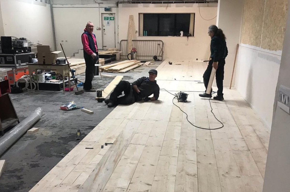 Check out our theatre floor 🤩 

We’re a third of the way there &amp; it will only take 1000+ screws, 100+ scaffolding planks, a lot of drilling &amp; a chunk of Richard’s sanity to get it done.

We're taking enquiries for bookings &amp; programming now 👉sheffield@theatredeli.co.uk