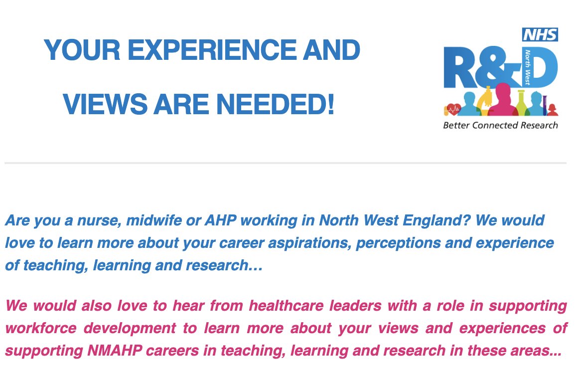 📢 Your experience and views of NMAHP careers in teaching learning and research are needed! Please spare the time to complete these surveys! - mailchi.mp/researchnorthw… Thank you!