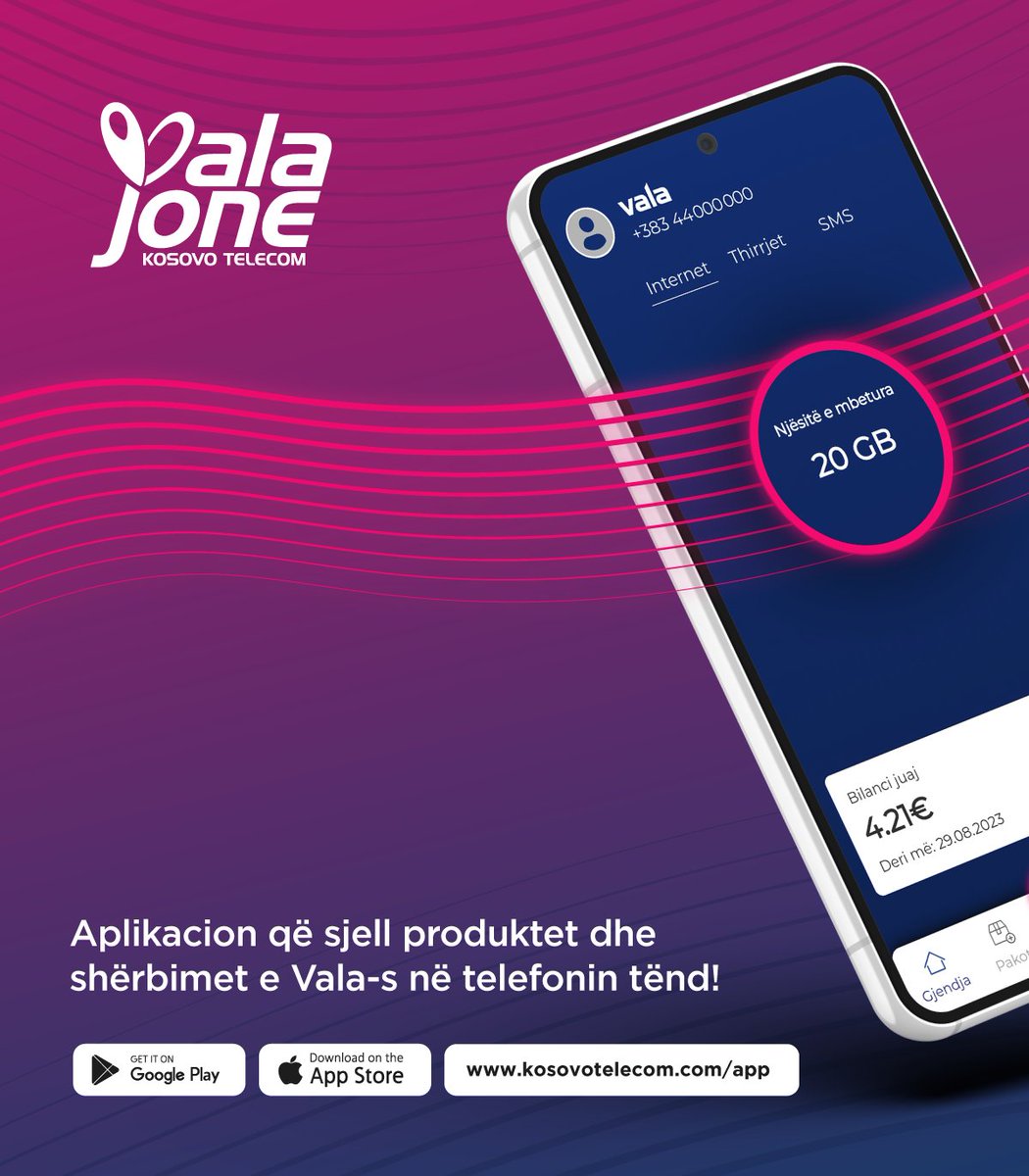 vala_mobile's tweet photo. Aplikacioni Vala Jone !!

Të gjitha në një vend ! 

Kryej të gjitha shërbimet Prepaid dhe Postpaid në telefonin tënd. 

Lehtë dhe shpejt !

Shkarko aplikacionin:
https://t.co/JSNGuZNUkM https://t.co/XZyrlmFaod