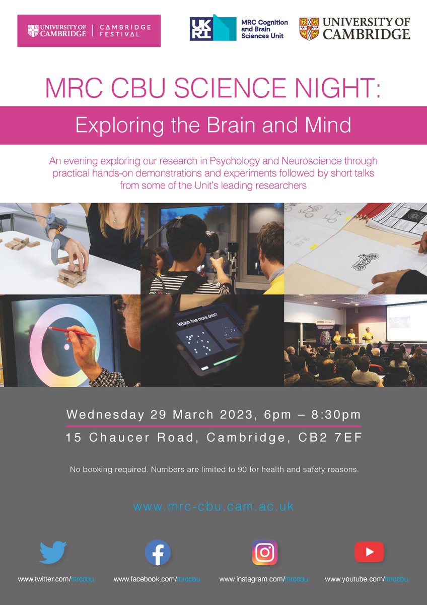 MRC Cognition and Brain Sciences Unit (@mrccbu) on Twitter photo <a href="/mrccbu/">MRC Cognition and Brain Sciences Unit</a> are excited to announce the #CamFest2023 on-site open evening ‘Exploring the Brain and Mind’ on Wednesday 29 March from 6pm. Get involved with hands-on experiments, followed by some excellent short talks. Full details: ow.ly/8TGk50MXL0E
<a href="/Cambridge_Fest/">Cambridge Festival</a> #CamFest <a href="/mrccbu/">MRC Cognition and Brain Sciences Unit</a> are excited to announce the #CamFest2023 on-site open evening ‘Exploring the Brain and Mind’ on Wednesday 29 March from 6pm. Get involved with hands-on experiments, followed by some excellent short talks. Full details: ow.ly/8TGk50MXL0E
<a href="/Cambridge_Fest/">Cambridge Festival</a> #CamFest