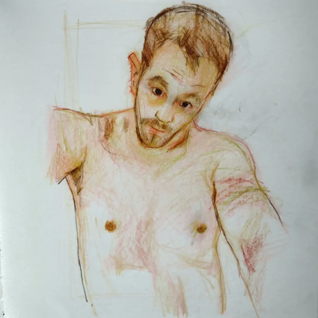 One of my life drawing...
Sketchbook &amp; coloured pencils. 
Model, the wonderful AM.

#lifedrawing #malemodel #sketchbook #colouredpencils #markmaking #gayartist