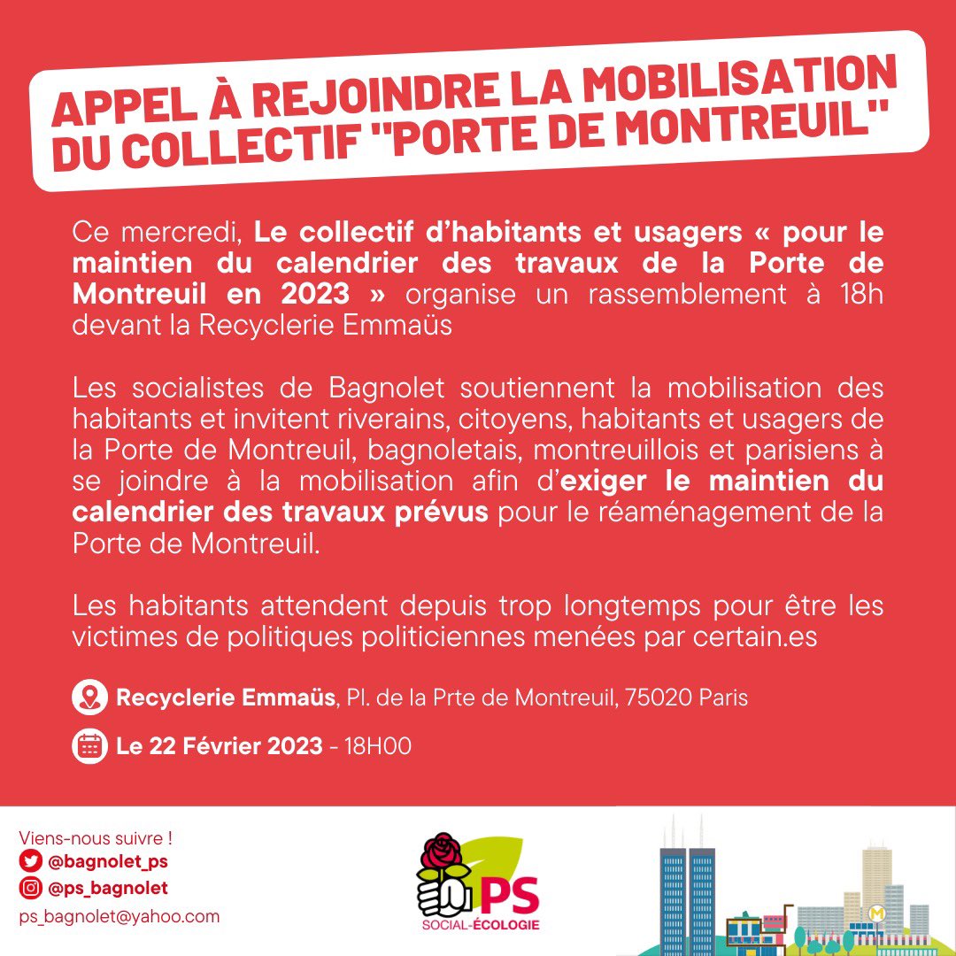 Soutien au collectif des habitants et usagers de la Porte de Montreuil.