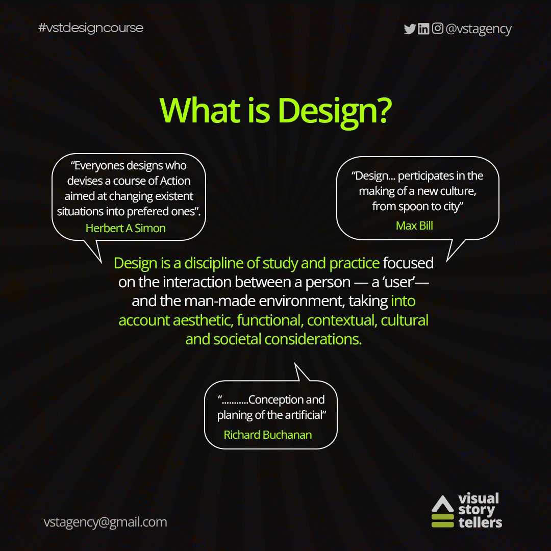 vstagency's tweet image. What is design? Here are a few slides to elucidate what design is, the tenets of a good design and visual story telling.. THREAD 1/2
#Designcourse #designinspiration #graphicdesign #uxdesign #webdesign #logodesign #creative #designthinking #branding #artdirection #digitaldesign