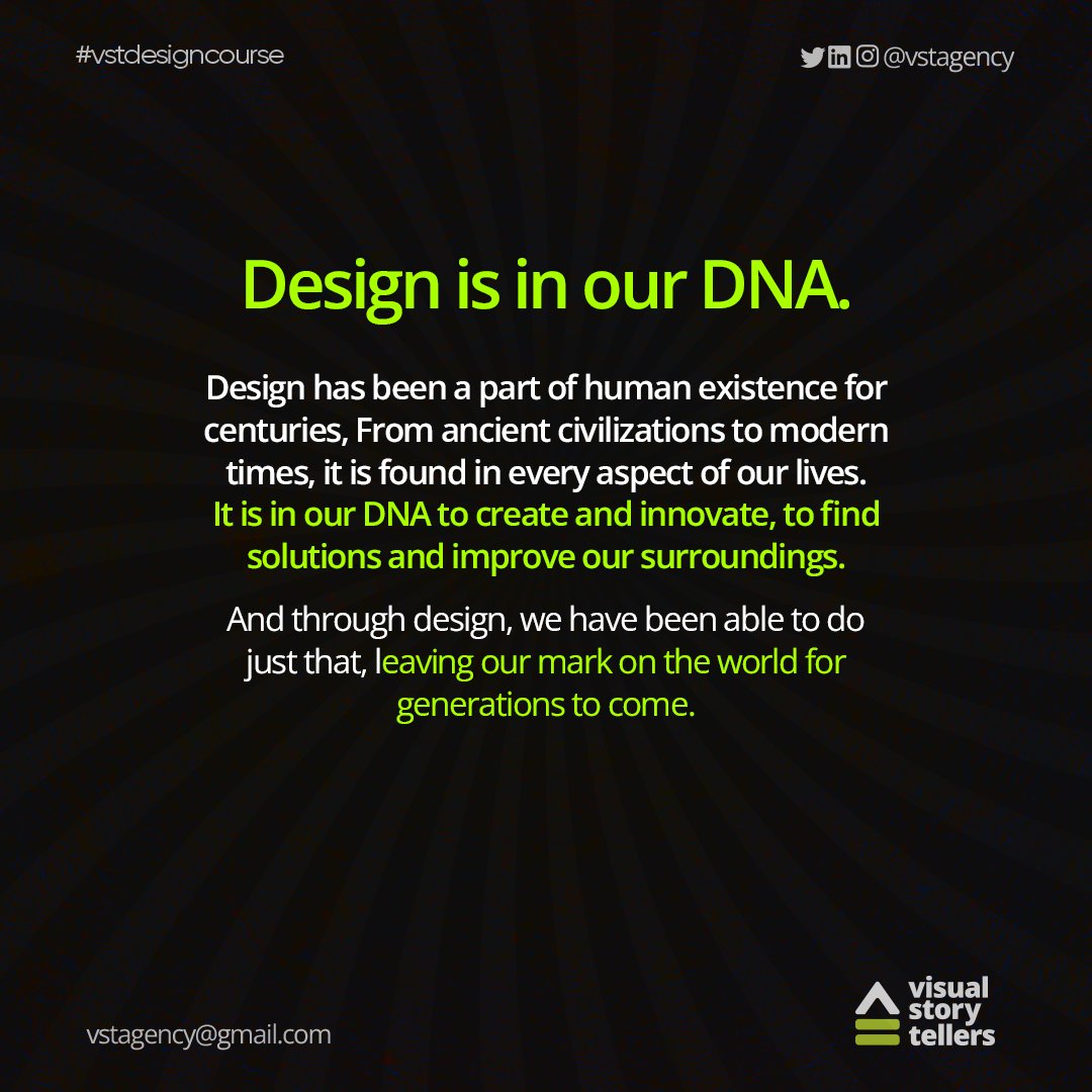vstagency's tweet image. What is design? Here are a few slides to elucidate what design is, the tenets of a good design and visual story telling.. THREAD 1/2
#Designcourse #designinspiration #graphicdesign #uxdesign #webdesign #logodesign #creative #designthinking #branding #artdirection #digitaldesign