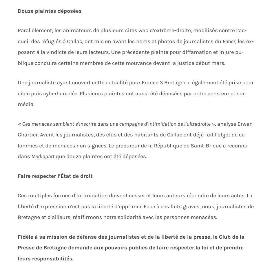 SylvainErnault's tweet photo. @ClubPresseBZH @SNJ_national @SnjCgt @USJCFDT @FOjournalistes @publihebdos @RadioBreizh_bhs @IUTlannion @Sc_Po_Rennes @Francebleubzh « "Ces menaces semblent s’inscrire dans une campagne d’intimidation de l’ultradroite, analyse Erwan Chartier. Avant les journalistes, des élus et des habitants de #Callac ont déjà fait l’objet de calomnies et de menaces non signées. »

#liberterdinformer https://t.co/NpWnO8ZAa8