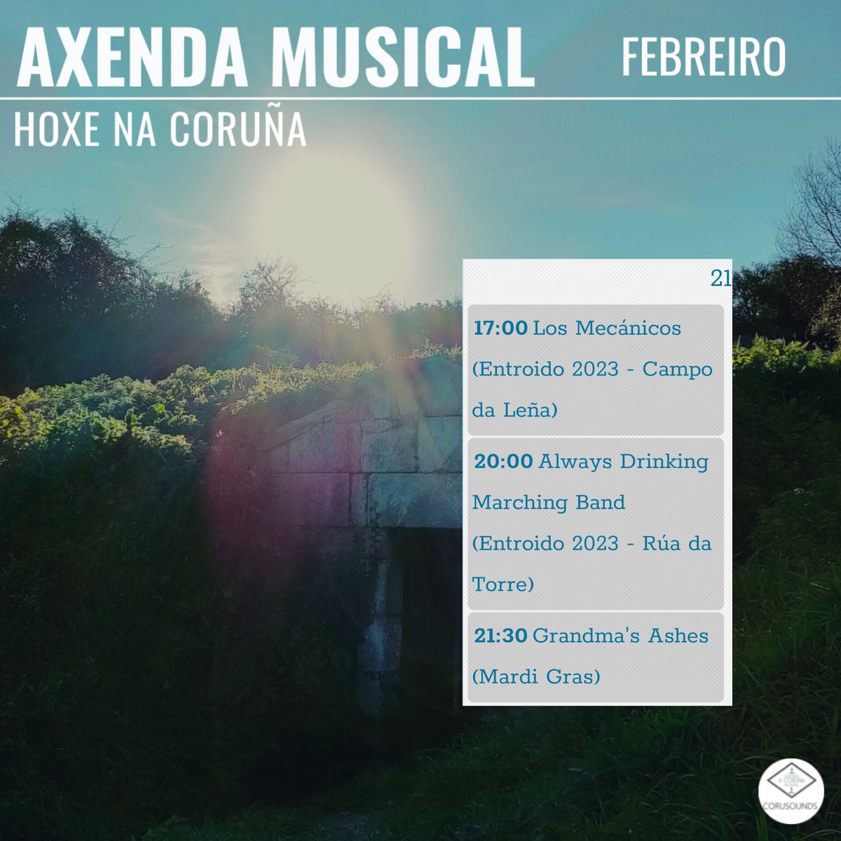 Hoxe na Coruña... 
.
.
.
Podes ver todos os concertos programados este ano en: corusounds.emiweb.es/agenda
#ACoruña #Coruña #AxendaMusical #AgendaMusical #Musica #Concertos #Concertos #Cultura #culturaparatodos #CulturaSegura