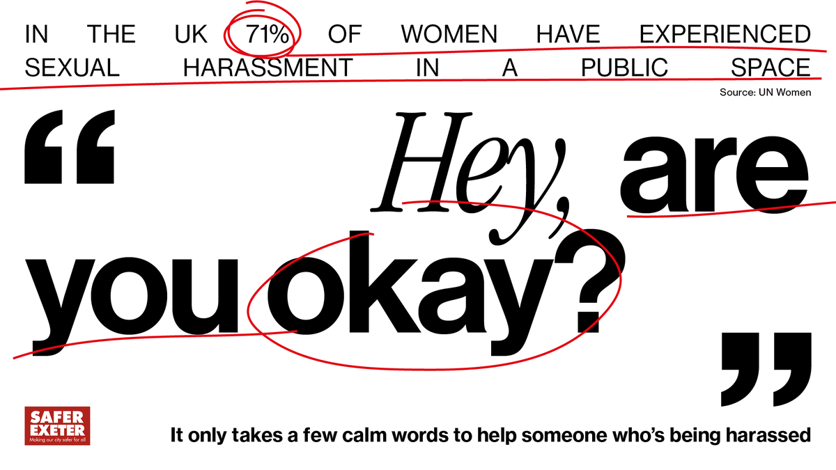 ExeterLawSchool's tweet image. We can all play a positive part in making cities safer. We’re right behind @SaferExeterCampaign giving people skills and confidence to challenge inappropriate behaviour.
@RachelFenton72 is leading this vital multi-agency work.
Empower yourself. Sign up #bystander #training