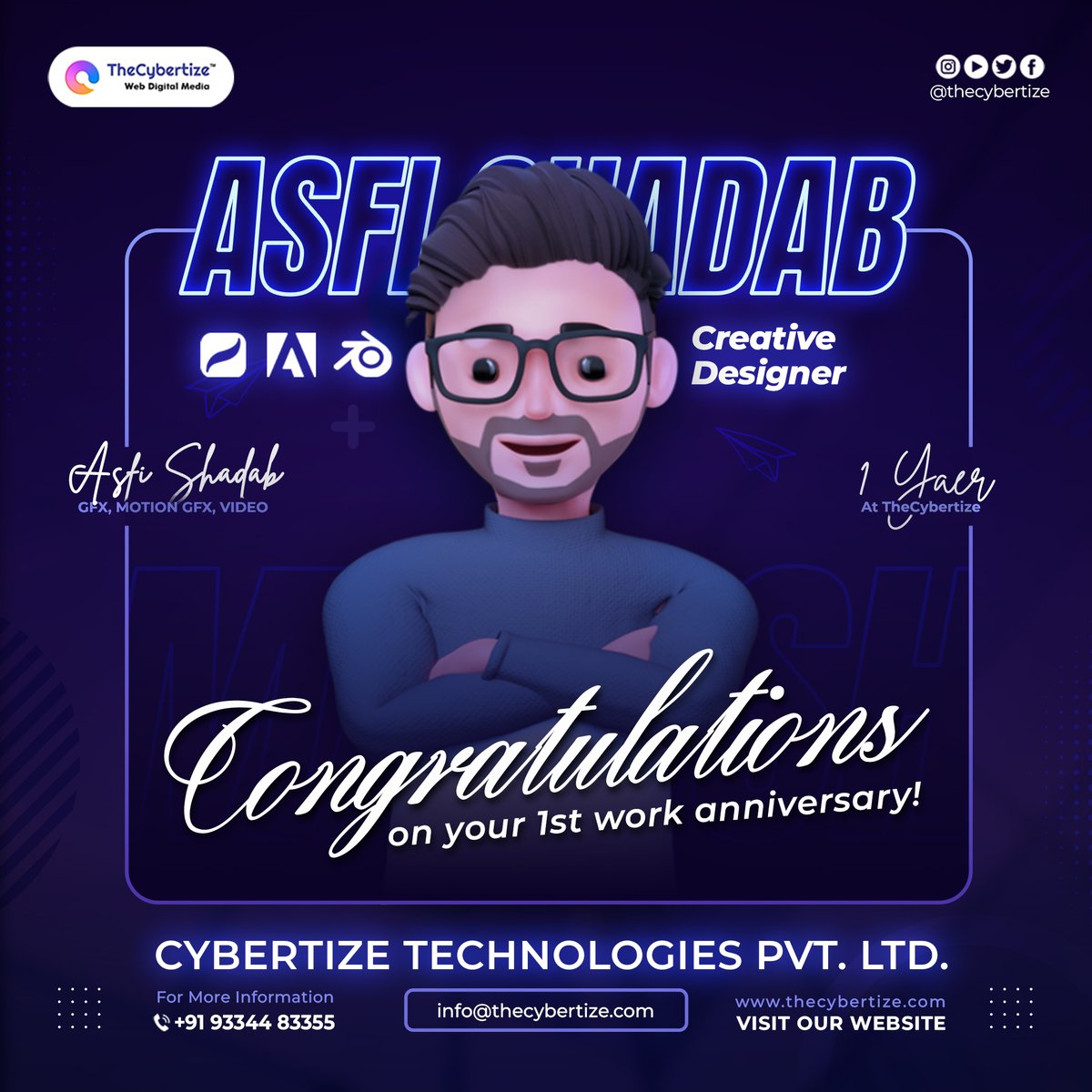 TheCybertize's tweet photo. Hearty Congratulations to Asfi Shadab on completing his one-year tenure at The Cybertize Pvt. Ltd. as a creative designer.
#Congratulations #OneYearCompletion #creativedesigner #achivements #bestwishes #anniversary #Celebrations #proudmoment #creativedesigner #TheCybertize https://t.co/VMb09uLdVh