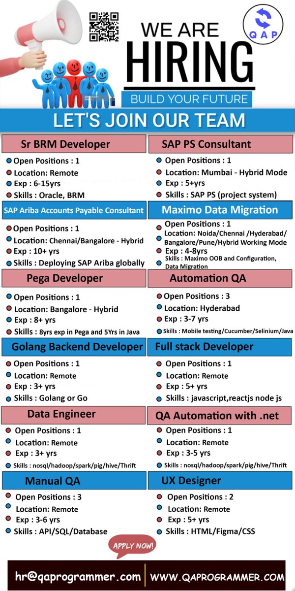 QaProgrammer's tweet image. #Automationtesting #SAPPSConsultant  #PegaDeveloper #manualtesting #DataEngineer #OracleBRMDeveloper #OracleBRMMigration #OracleBRMQA #PerformanceTesting #FullStackDeveloper #process #hiring #share #connections #opportunity #experience #qa #technology
