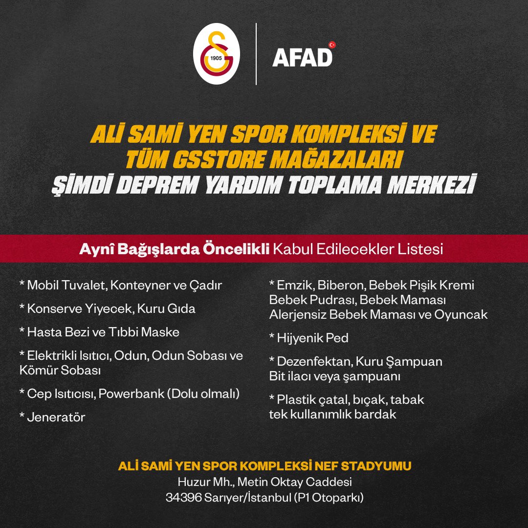Saat 10.00 itibarıyla stadyumumuzdaki yardım kabulü yeniden başlayacaktır.

P1 Otopark Alanı'nda yer alan yardım merkezimizde tüm vatandaşlarımızı bekliyoruz. ❤️🤍

ℹ️ Tekstil ürünleri kabul edemeyeceğimizi hatırlatır, güncel ihtiyaç listemize odaklanmanızı önemle rica ederiz.