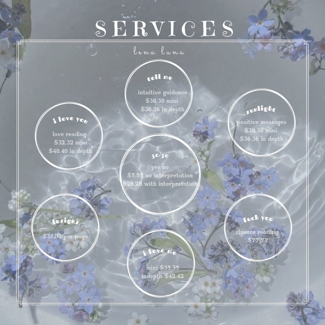 book me for

🌷 intuitive guidance reading
🌷 yes/no pendulum readings
🌷 positive message you need to hear
🌷 love reading
🌷 closure reading
🌷 custom price list

please check carrd/dm if interested!!
lenaluna.carrd.co/#