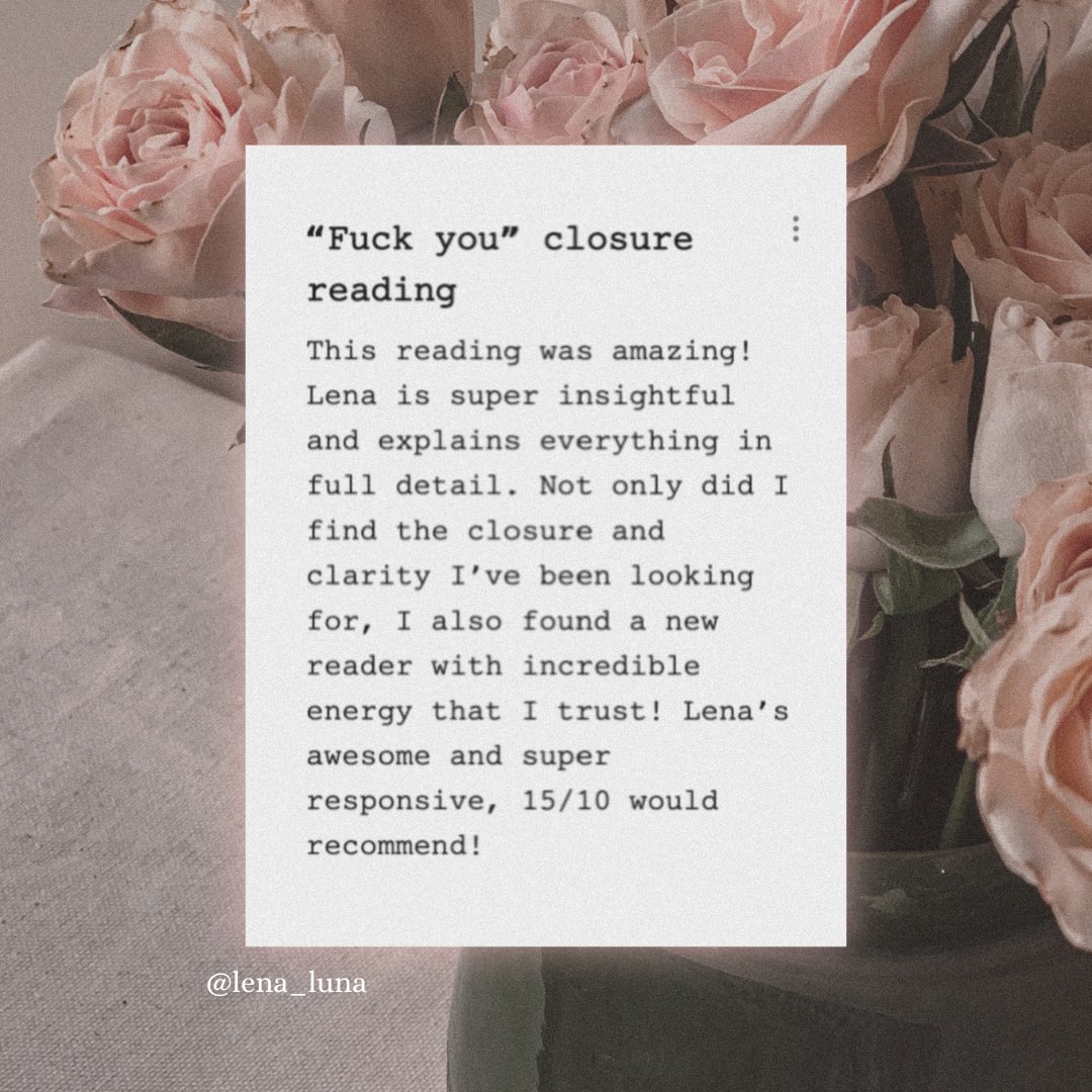 cant get over your ex? 

mayhaps you need a closure. book "fuck you"- the closure package with me and get your personal closure to your relationship.

reading includes
- what you need to know about this connection
- positive things coming your way
- next love

dm if interested!