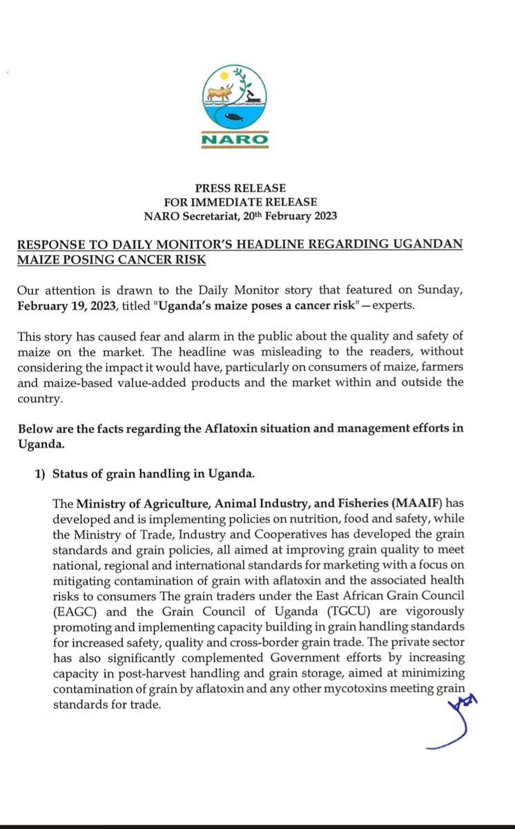 mbazardi's tweet photo. NARO's response to the story that run in @DailyMonitor on cancer causing aflatoxins in Uganda's food. https://t.co/hegkMFfMNk
