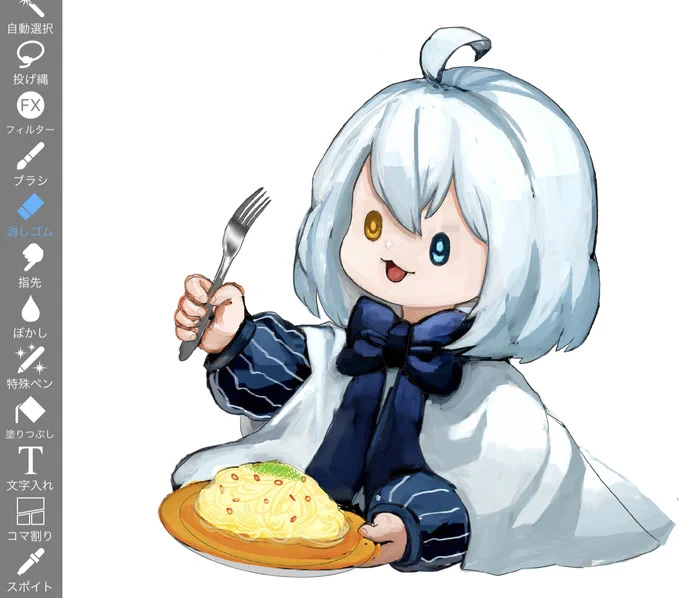 そしたら上に線画レイヤー作って、その下のレイヤーでグレーで塗りつぶして、そこに上からカラーラフをエイッとクリッピングするんじゃよ
するとこうじゃ 