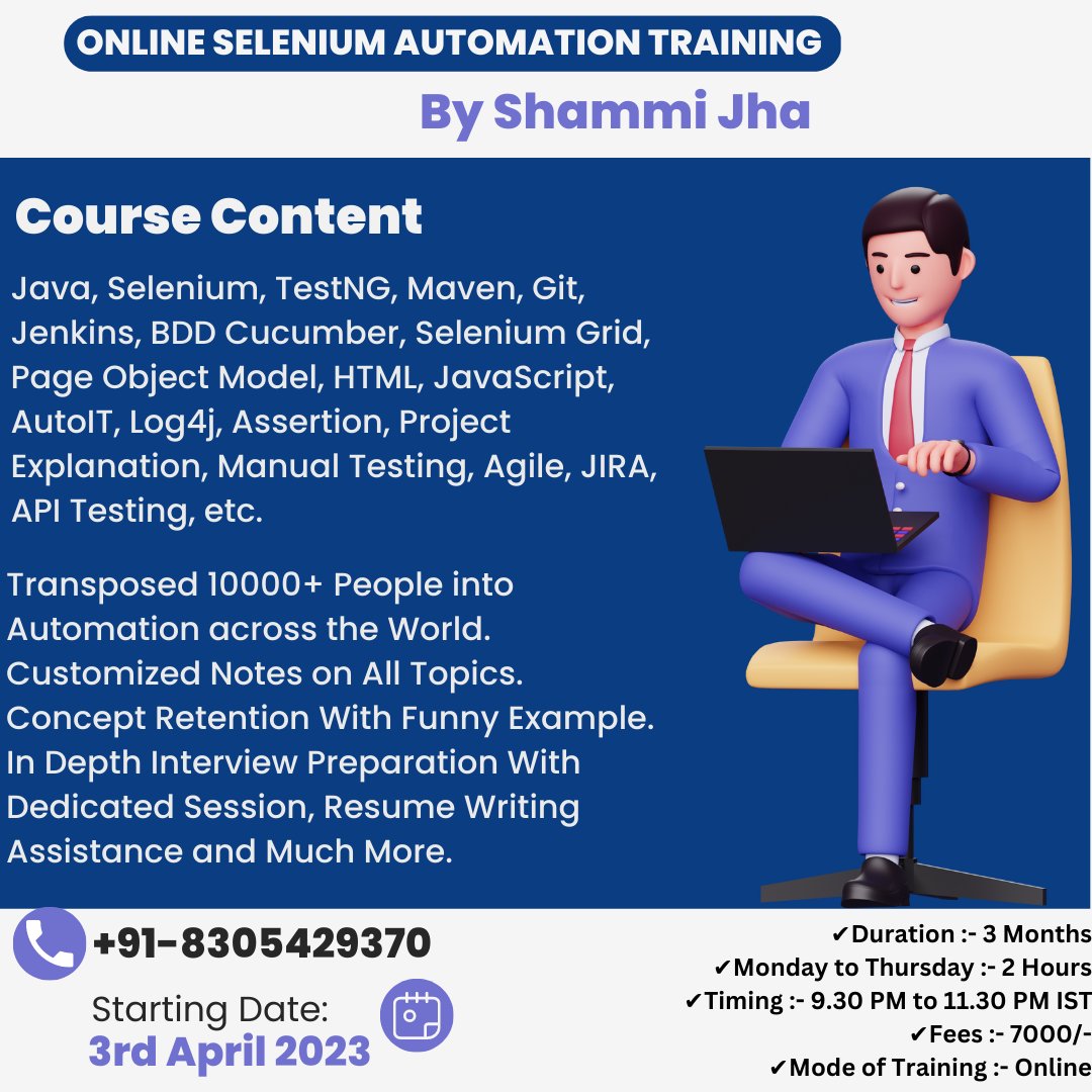 jobformore's tweet photo. Online #SeleniumAutomation Training :-
___________

Click here to directly contact on WhatsApp:-
https://t.co/Xs2FFfWQ6c

Phone / WhatsApp Details :-
-----------------------------------------
Shammi Jha :- +91-8305429370 https://t.co/ymWLggATW0