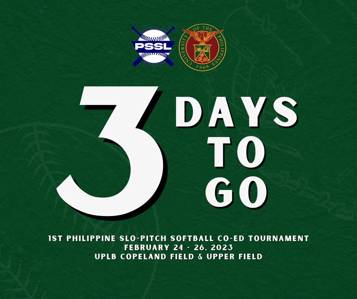 uplbplayball's tweet photo. Three more days before the much-awaited 1st Philippine Slo-Pitch Softball Co-Ed Tournament! Let’s support the UPLB Alumni Team composed of former UPLB Baseball and Softball Varsity Team players and its coaches on February 24 to 26, 2023 at UPLB. 

See you there! 🥎 https://t.co/5ouNImqFsU