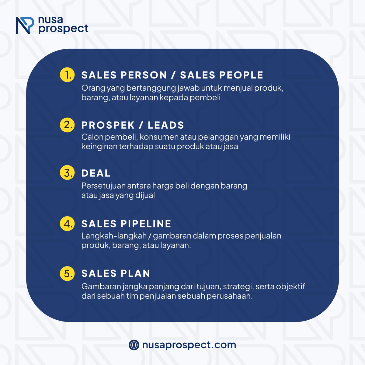 nusaprospect's tweet image. Jualan lebih PeDe dengan menguasai istilah-istilah ini!🤝📚

#salesplatform #aplikasisales #istilahsales #salesman #sales #nusaprospect