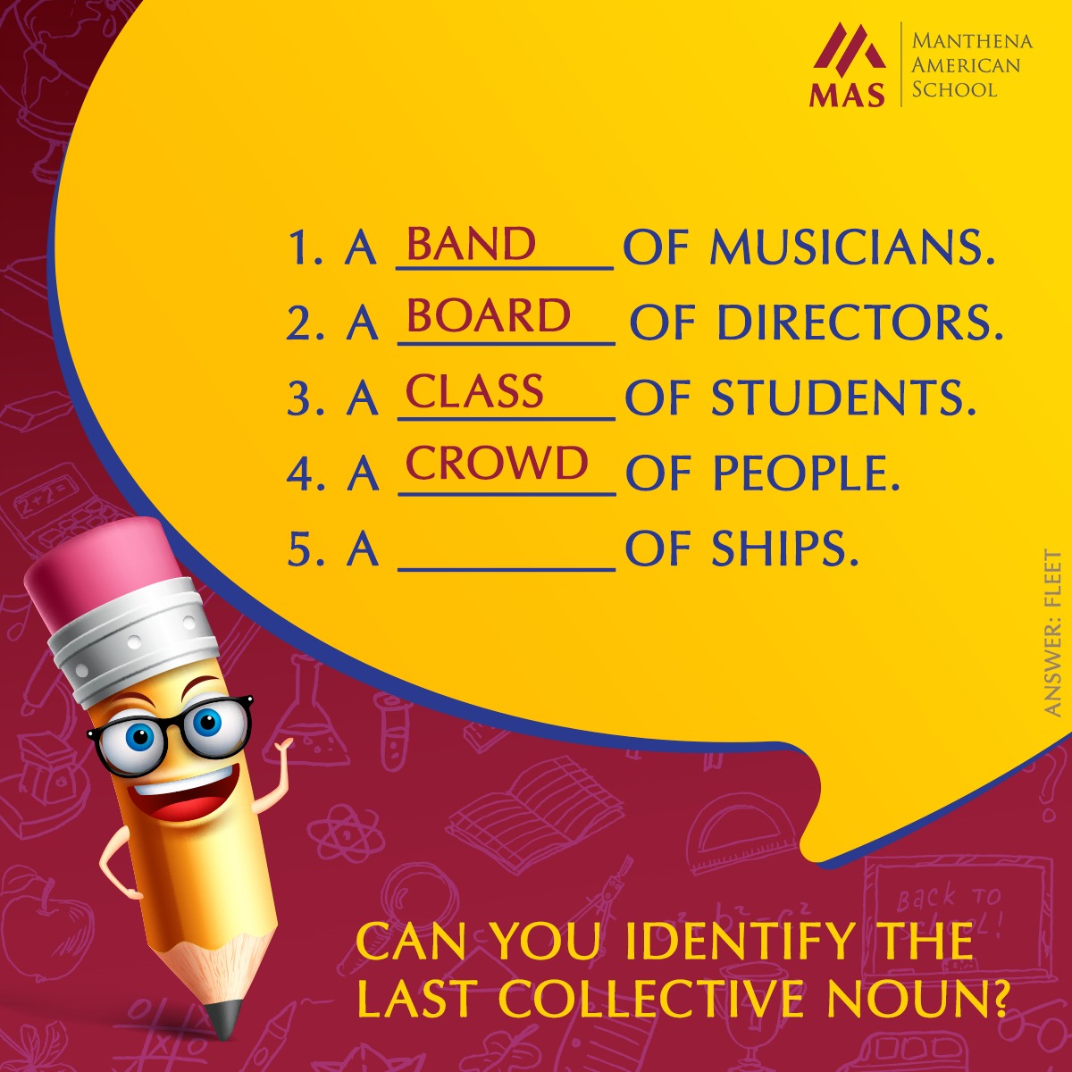 Check out these fun collective nouns and find the last one. Share your answer in the comments.
.
.
.
#collectivenouns #grammercollective #grammarchallenge #learningisfun #education  #sharjahschools #manthenaamericanschool